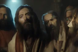 Killer Jesus meets Judah Ben Hur and together they heal lepers in the temple of Goddess Athene 4K Jakob Rabbi end Jesus Christ and Moses are drinking alcohol, their saliva is flowing, everyone is very drunk, tipsy and intoxicated. The clothes are torn and smelly. He has a big nose, sunken, drunken eyes. There is a Jewish town in the background. elaborate picture. 4K in the style of Kit King painter.