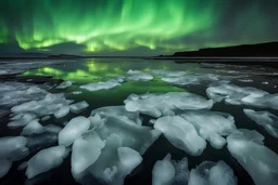 black beach with big and little transparent pieces of ice on the sea and northern lights