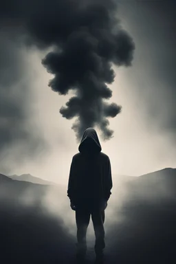 A striking (((dramatic image))) where a (((figurative smoky silhouette of a person wearing a hoodie))) takes on the form of ethereal smoke against a looming (ominous backdrop of a shadowy landscape), suggesting mystery and foreboding