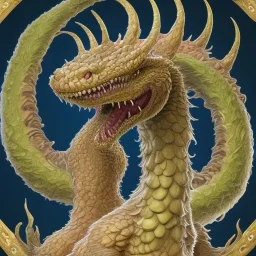 This hydra has 1 horn spiraling backward. Its neck is medium length; Its snout is vertically tall, thin, very long, beak like, and it has an overbite. Its teeth are retractable. It has no claws, frills, and wet scales. Its tail is medium length and very wide. Its breath weapon is fire.