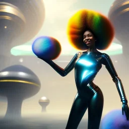 Ultra realistic photo. volumetric lighting , scientist. Young black woman, young, big smile. Joy. smiling. Afro futurism. Afro puffs. Blue hair. Ombré hair Cotton candy. Futuristic cities in background. Space. Space travel. Silver. Cities