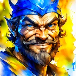 dnd, fantasy, watercolour, large strokes, stylistic, portrait, illustration, dull colours, male, face, sturdy wide face, weathered face, sly, violent, evil, smiling