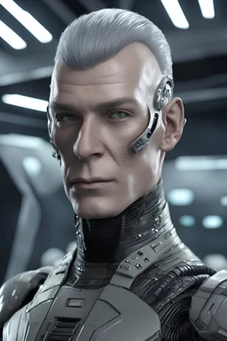 male borg character from star trek. light grey skin, scalp implants, ocular eye implant on one eye, weapon implants, cubic borg spaceship in the background. sfw, 8k, realistic, hdr.