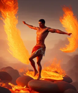 native american warrior, dancing on top of fire, big muscles, shirtless, 8k resolution concept art portrait by Greg Rutkowski