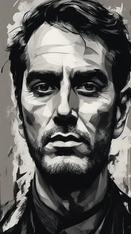 chiaroscuro portrait illustration of Charly chaplain in the style of threadbare abstract expressionism, ebony , black, and pewter , vintage abstract cut-and-paste, ricoh gr iii, editorial illustrations, fine lines, highly detailed hair and facial features