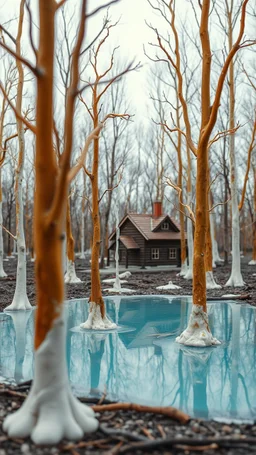A melting plastic trees in the wood with melting house by a dry lake