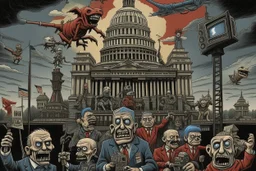 an evil government looms above, wielding puppets below as the news media broadcasts their suffering in the background, dystopian, dread, horror