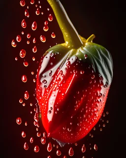 A [red chili pepper] with a transparent background, adorned with [glistening water droplets]. Shot from a top-down perspective. Captured using a Hasselblad camera with ISO 100. Expertly color graded for a professional finish. Soft shadows create depth and dimension. Clean, sharp focus draws attention to the pepper's details. High-quality retouching enhances the overall image. Perfect for food magazine photography, award-winning advertising, and commercial projects