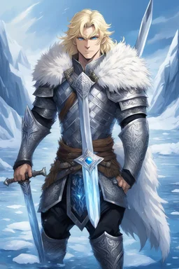 1 anime man. warrior, with blue eyes and blonde hair man in silver Viking armor with fur around the neck with blue crystal on his chest, standing in water in the artic, holding a ice sword and shield, warrior in, anime style