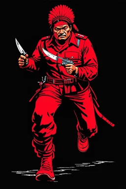 indigenous canadian warrior(uniform and face based on racist steriotypes) running towards viewer, a knife i one hand, and a gun(barrel pointing at viewer) in the other. blocky retro 1960's jack kirby style poster in monochrome with white background