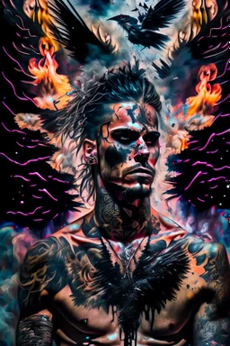 a surreal collage in ultra-realistic 8K quality depicting a tired and stressed man as the central focus, he is half naked and covered with trendy tattoos, huge black wings behind him, surrounded by an explosive array of distant smoke, ghostly figures, Barb wire and black feathers seamlessly coming together to form a unique display. Incorporate thick impasto-style oil paint spots in various areas to enhance the surreal and exceptional nature of the image