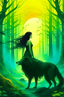 book cover, In the heart of a dense and enigmatic forest with towering ancient trees cloaked in emerald, yellow and amber foliage stood an enchanting witch possessing an ethereal allure her lustrous hair cascading in ebony waves down to her slender waist In the background a majestic canine of Belgian shepherd lineage roamed its eyes illuminated by an otherworldly crimson glow exuding an aura both mysterious and demonic