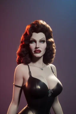 Rita Hayworth as evil queen in black leather, busty, cleavage, curvy, angry, stern look. character design by cory loftis, fenghua zhong, ryohei hase, ismail inceoglu and ruan jia. unreal engine 5, artistic lighting, highly detailed, photorealistic, fantasy