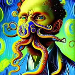 Dibujo al oleo de un hombre pulpo pintado con muchas nubes de colores estilo Vincent van Gogh