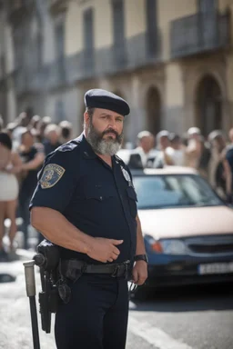 half figure shot photography strong chubby burly 39 years old neapolitan policeman, curly beard, dreadlocks, shirtless, manly chest, bulging trousers, in the sun, leaning against a lamppost in the middle of a crowded street, side light, sweat and wet