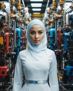 potrait cinematography colors a beautiful face woman hijab humanoid robot mechanical walking in between two rows of complex machinery with vibrant colors