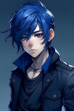 mysterious anime boy with dark blue hair and a leather jacket