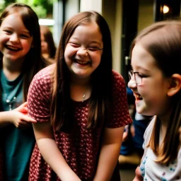 A girl with Down syndrome greets her friends