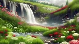 une photo réaliste, une cascade, un champs de fleurs
