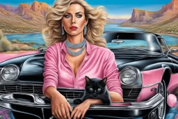 Woman in pink sedan sport car wearing a pink top blue jeans and silver jewelry next a black cat sitting in car, detailed, photorealistic, harmony mood, blue sky, background landscape