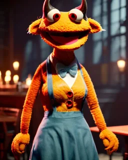 waitress woman with monster muppet mask that covers her entire head, retro style, Sesame Street style, smooth, unreal engine 5, god lights, ray tracing, RTX, lumen lighting, ultra detail, volumetric lighting, 3d.