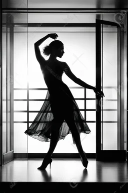 behind a glass door is a dark silhouette of a dancing woman, high quality, highly detailed, stunning, high realistic picture, impressive, sharp focus, perfect body, perfect shot, professional photo, noir