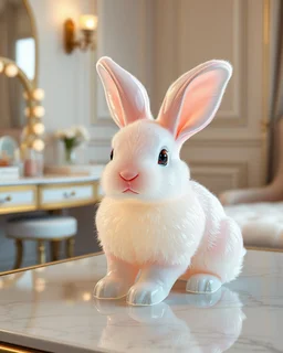 Generate image: Generate image: Generate image: A macro 3D render of a cute, lovely wooly Rabbit entirely of translucent, glossy,colored jelly material. it is sitting on table in a luxury bedroom next to makeup desk,subsurface scattering and gelatinous texture . High-quality CGI, octane render, 8k resolution, whimsical, adorable, clean composition., in the style of Portraits, in the style of Portraits, 4:3