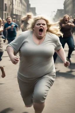 an obese terrified blonde woman running away from an angry mob