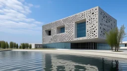 A large, modern, cuboid building with abstract-shaped cutouts stands centrally on a concrete slab that extends over calm, blue water. The building is made of a light gray material, possibly concrete, and its front facade is perforated with various organic, irregular holes, revealing glimpses of the interior and reflections of the sky and surroundings.