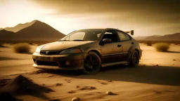 Create a compelling image featuring a 1998 Honda Civic in a post-apocalyptic setting within a desert engulfed by a sandstorm. Utilize a post-apocalyptic photography style to capture the rugged and desolate atmosphere. Ensure that the scene evokes the essence of a world transformed, with the weathered Honda Civic standing resilient amidst the harsh conditions of the desert and swirling sandstorm.