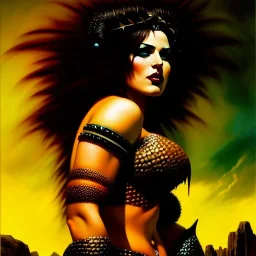 portrait oil on canvas, beautiful punk busty female Savage Barbarian Warrior,green eyes, ,minimal armor,comic book cover, mystical colors,insanely detailed,realistic,intrincate detail, 16k resolution, masterpiece,Frank Frazetta,Alex Horley, Simon Bisley