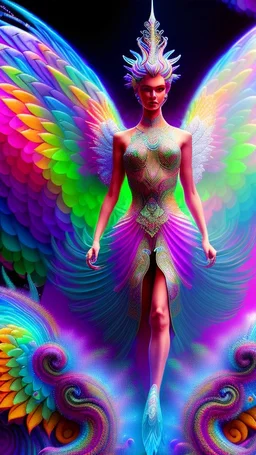 close up of a psychedelic angel flying in a magic forest full of coloured mushrooms, fluorescent, ultra detailed, photorealistic, Android Jones style