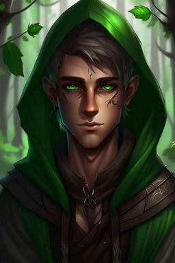 Young male wood elf, rogue, brown skin, bright green eyes, mauve hair, hooded black leather, shy, trees, stoner