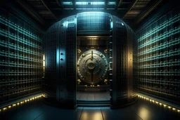 Visualize a secure vault surrounded by a force field of digital locks and shields, showcasing the impenetrable security measures protecting financial assets