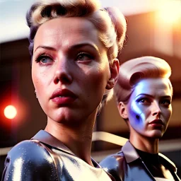 Ultra Realistic retro sci-fi movie explosion Supermarket parking people scene, 1960 year, waist up view portrait, 1 blonde women, sweet scarlet Johansson face, perfect iris, glow eyes, face makeup, tight latex coat. many people looking, Retro sci-fi style, soft color, highly detailed, unreal engine 5, ray tracing, RTX, lumen lighting, ultra detail, volumetric lighting, 3d, finely drawn, high definition, high resolution.