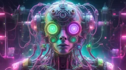 A mystic hi tech cyborg made of titanium, wires, cogs and transparent glass tubes in a nebula that has neon punk pastel colors that are glowing and are resembling colorfull toxic fumes of all colors, UE5, hyper detailed, fantasy