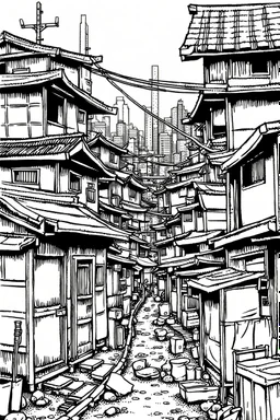 Tokyo shanty town, line arts, manga style