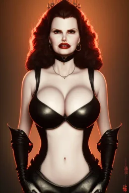 Geena Davis as evil queen in black leather, leather, busty, cleavage, angry, rage, stern look. character design by cory loftis, fenghua zhong, ryohei hase, ismail inceoglu and ruan jia. unreal engine 5, artistic lighting, highly detailed, photorealistic, fantasy