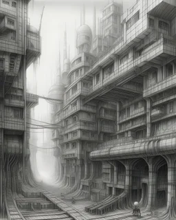 sci-fi pencil-drawing of a strange biomechanical derelict city. concept art in the style of Alan lee gustave doré alfred kubin Beksiński.