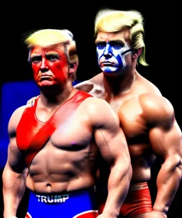 Realistic image of Donald trump wrestler, Mexican wrestling style, eye liner, red and blue breeches, glow us flag dress, suspenders, retro style, 80s, vibrant color, highly detailed, clean background, concept art, unreal engine 5, god rays, ray tracing, RTX, lumen lighting, ultra detail, volumetric lighting, 3d, finely drawn, high definition, high resolution.