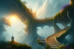 mystical long stairway up to heaven in the sky, atmospheric mist, beautiful colours, fine art, trending on artstation, masterpiece