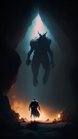 dark, huge cave, a man carrying a torch, demon, fantasy, 4k