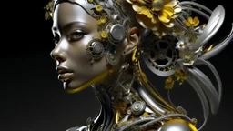 figure of a woman, art from the "art of control" collection by Jasper Harvey, futuristic optics style, silver and gold, flower, bird, detailed facial features, swirling vortices, 8k 3d, whimsical cyborgs made of crystals, high detail, high resolution, 8K