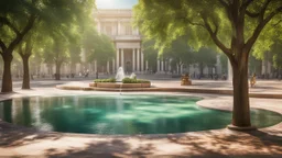 Climate change. A bustling city gripped by an extreme heatwave. Streets are empty, save for a few people seeking shade under trees and in fountains. Thermometers show record-breaking temperatures, and the heat shimmer distorts the view. Beautiful award-winning photograph, shocking, rule of thirds, balanced delightful composition, perfect lighting, superb detail, 16k render