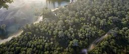 top view that warm, a huge library in forest with fireflies around trees that have wide leaves and broad trunked at night with moonlight.