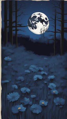 A dark blue wood with dark flowers on the ground , a blue moon in the sky , all picture items are dark blue