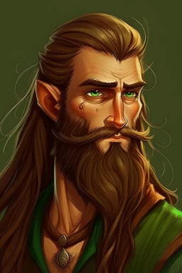 Gnom, braune lange wilde Haare, große Nase, gepflegter sehr kurzer Bart, grüne Augen, schlank, hübsch, jung