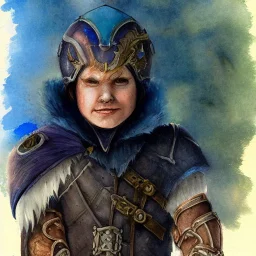 dnd, fantasy, watercolour, ilustration, halfling, artstation, realistic, ranger, leather armour, ice chunks, infused with elemental powers of water, portrait, face, glowing blue eyes, angry, vicious