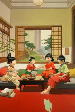 japanese childeren in a modern japanese living room painting neoclassism