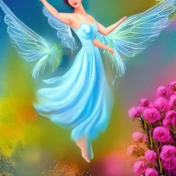 bright fairy with sheer wings light blue, beautiful portrait, flowery landscape, butterflies